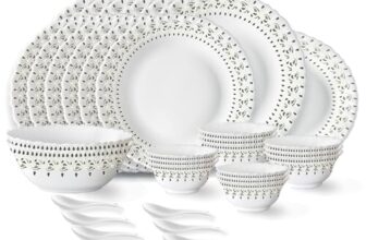 Larah by Borosil Ora Gold Fluted Series Opalware Dinner Set of Plate, Veg Bowls, Soup Bowl, Spoons, Serving Bowl and Oval Rice Plate | Bone-Ash Free Crockery Set for Dining (White, 33 Pieces)