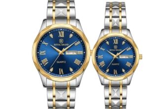 Unisex Adult Couple Watch Set His & Her Matching Watches with Luxury Diamond Accents-Two-Tone Silver Strap,Blue Dial Valentine’s Day Stainless Steel Original Quartz Watch Lovers Set (Silver-Blue)
