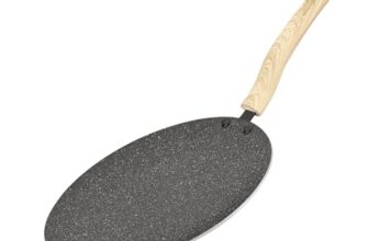 BERGNER Earth Black Non-Stick 26 cm Concave Roti Tawa, Wooden Finish Soft Touch Handle, 3mm Thickness, Even Heat Distribution, White Marble Splatter – Induction Bottom and Gas Ready