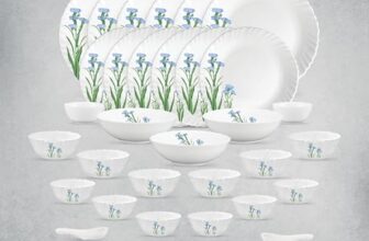La Opala Opal Glass Crockery | for Family of 6 | Dinner Set 35 pcs Blue Florets | Plates & Bowls for Dining | Microwave Safe | 100% Vegetarian | Extra Strong | Extra Light & White