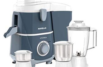 Havells Vitonica 500W Juicer Mixer Grinder 3 Stainless Steel Jars | Large Pulp Container | Foldable Juicing Spout| 2 Years Door Step Warranty by Havells (White & Light Blue)