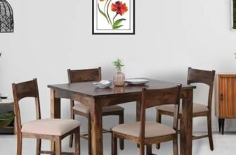 EXCEL HOME 4 Seater Wooden Dining Set, Grey Upholstered Chairs, Modern Kitchen Furniture