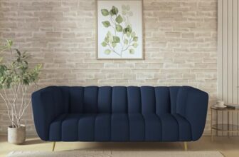 Wakeup India Sofa | Mushy Premium Fabric Sofa Set | 3 Seater Sofa | Pocket Spring Cushion | Padded Cushioned Armrest | Metal Leg with Golden Polish (Berry Blue, Seating-3) | 3 Years Warranty