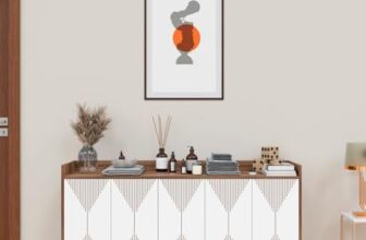 Spyder Craft Marcos Multi Purpose Five Door Buffet Console Cabinet, Geometric TV Stand with Open Shelves : Show Off Your Decor & Keep Your Electronics Organized, Color Wood Brown, 1 Year Warranty