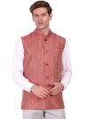 SKAVIJ Men’s Indian Dupion Silk Weaving Design Sleeve Less Nehru Jacket Waistcoat Red_M