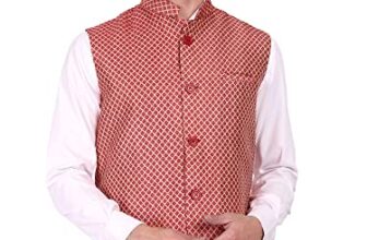 SKAVIJ Men’s Indian Dupion Silk Weaving Design Sleeve Less Nehru Jacket Waistcoat Red_M