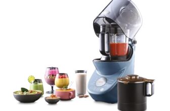 USHA Abs iChef Blender Heater|1000 W|Quadra Noise Reduction Technology For Super Silent Operation|6 Functions: Soup making, Blending, Grain & Nut milk, Pureeing, Dry Grinding and Wet grinding (Blue)