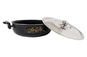 ATEVON Non-Stick Kadhai with Steel Lid, 26 cm, Black Cast Iron