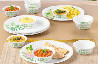 Larah By Borosil Pack Of 18 Opalware Fauna Opalware Galaxy Series Crockery Set For Dining & Gifting, Family Of 6 Dinner Set(Green, Microwave Safe)