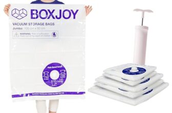 BOXJOY 1 JUMBO 2 LARGE 2 MEDIUM Transparent Vacuum Storage Bags for Travelling | Packing Winter Clothes Blanket Pillows Cloth | Space Saver Vaccine Compression Bag with Travel Vaccum Pump | Pack of 5
