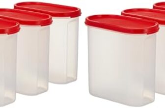Amazon Brand – Solimo Antimicrobial Modular Plastic Storage Containers with Lid (1800 ml each) | Stackable |BPA-Free |Microwave Safe | Multipurpose Use for Snacks, Spices, & more(Set of 6) (Light Red)