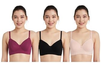 Amazon Brand – Symbol Women’s Cotton Stretch Padded Wire Free Medium Coverage T-Shirt Bra (Pack of 3) (BRA-13 Cont_Blck-Blush-Wine_36C)