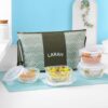 Larah Glassware Gracia Daisy Borosilicate Glass Lunchbox with Bag | Set of 4 (320ml x 2 Square + 240ml x 2 Round) | Microwave & Dishwasher Safe, Leakproof | Tiffin for Office, School | Green
