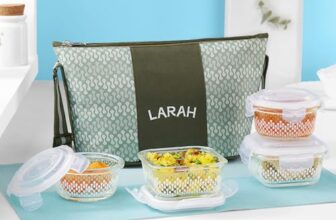 Larah Glassware Gracia Daisy Borosilicate Glass Lunchbox with Bag | Set of 4 (320ml x 2 Square + 240ml x 2 Round) | Microwave & Dishwasher Safe, Leakproof | Tiffin for Office, School | Green