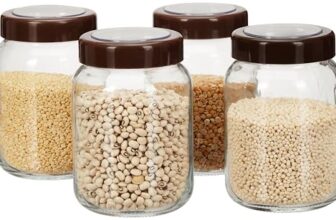 Amazon Brand – Solimo Glass Transparent Storage Jar with Brown Plastic Cap for Pickles, Spices | BPA Free | Set of 4 | 750 ml