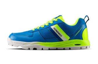 Hundred PitchStrike Cricket Shoes|Multi-Surface Grip with TerraSpike Outsole|Energy Layer Midsole|Lightweight, Breathable | Ideal for Turf, Ground & Hard Surfaces (Blue/Lime/White;UK 8)