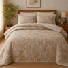 Linen and Loom 100% Cotton Quilted Comforter Set with 2 Matching Pillow Covers | Floral Print, Lightweight Breathable Bedding for Mild Winters | 90″ x 100″, Beige