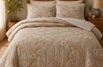 Linen and Loom 100% Cotton Quilted Comforter Set with 2 Matching Pillow Covers | Floral Print, Lightweight Breathable Bedding for Mild Winters | 90″ x 100″, Beige
