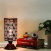 Lexton Moroccan Style Hand-Etched Iron Made Bedside Table lamp | Black Metal Round Frame, E27 Bulb Holder, Wooden Stand, Corded | Suitable for Home Decoration Office (Pack of 1, Bulb Not Included)