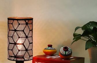 Lexton Moroccan Style Hand-Etched Iron Made Bedside Table lamp | Black Metal Round Frame, E27 Bulb Holder, Wooden Stand, Corded | Suitable for Home Decoration Office (Pack of 1, Bulb Not Included)