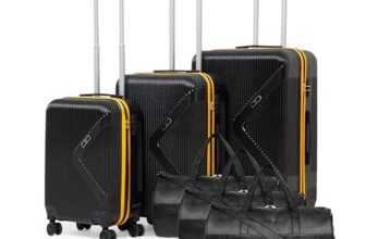 VLITE Brampton 6-Piece Family Set – 3 Duffle Bags + 3 Trolley Suitcases, Unbreakable Polycarbonate Luggage, 8 Spinner Wheels, Built-in Number Lock, 3-Year Warranty (Set of 6 with Duffels, Black)