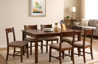 EXCEL HOME 7-Piece Dining Room Set, Solid Wood Table and 6 Chairs with Grey Cushions, Dark Brown