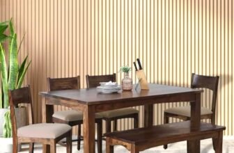 EXCEL HOME 6-Seater Dining Room Set, Solid Wood Table with 4 Chairs and Bench, Provincial Teak Finish with Grey Cushions