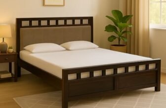 EXCEL International Matrix Solid Sheesham Wood Queen Size Bed Without Storage | Wooden Double Bed with Velvet Upholstery Cushioned Headboard for Bedroom | Rosewood, Provincial Teak