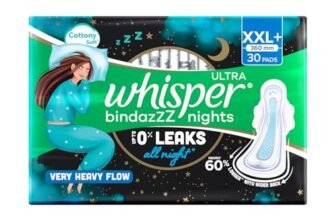 Whisper Bindazzz Nights 30 XXL+ Sanitary Pads, Upto 0% Leaks All Night Long, For Very Heavy Flow, Nearly 60% Longer with Wider Back, Active odor lock so you feel fresh, Disposable Wrapper