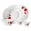 Larah by Borosil Fluted Series Red Carnation Opalware Dinner Set | 13 Piece for Family of 4 | Microwave & Dishwasher Safe | Bone-Ash Free | Crockery Set for Dining & Gifting | Plates & Bowls | White