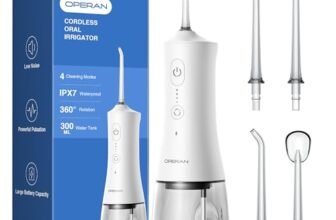 Operan Water Flossers for Teeth Cleaning Upgraded 300ml Cordless Water Dental Flossers Rechargeable Oral Irrigator with 4 Modes 4 Jet Tips IPX7 Waterproof Water Floss for Home Travel (White)+1Pack