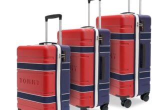 Tommy Hilfiger Hard Luggage Set of 3 (Small, Mid and Large) Las-Vegas – Red & Navy | Check-in Trolley Bags with TSA Lock | 360° Spinner Wheels | Telescopic Handle | Hardshell PC Suitcase
