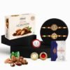 DeoDap Rakhi with Chocolate for Brother – Golden Color Stylish Rakhi 2 Pcs with Almond Chocolate (32g) with Silver Color Pooja Coin, Greeting Card & Tilak Set – Raksha Bandhan Pack (K2_544+543_CA32)