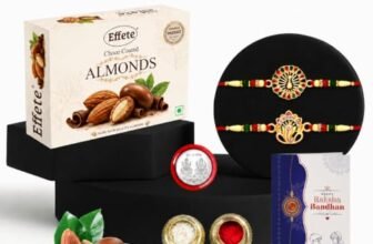 DeoDap Rakhi with Chocolate for Brother – Golden Color Stylish Rakhi 2 Pcs with Almond Chocolate (32g) with Silver Color Pooja Coin, Greeting Card & Tilak Set – Raksha Bandhan Pack (K2_544+543_CA32)