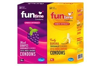 Funtime Flavoured Dotted Ribbed And Contoured Long Lasting Condoms for Men Count 10 – Combo (Pack of 2 Black Grapes, Pack of 2 Fruity Banana) Total 40 pcs