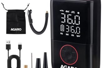 AGARO Regal New Portable Tyre Inflator for Cars & Bikes, 18L/min of Airflow, Upto 150 PSI, 4000 mAh (2 * 2000) Batteries, LED Flash Light, Rechargeable Type C Port, Digital Display, Multiple Nozzles