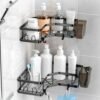 Moforoco Bathroom Corner Shelves Organiser Without Drill | Bathroom Accessories with Hooks | Self Adhesive Bathroom Shelf for Wall Black Pack of 2