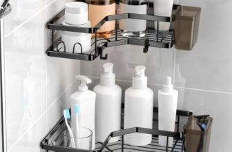 Moforoco Bathroom Corner Shelves Organiser Without Drill | Bathroom Accessories with Hooks | Self Adhesive Bathroom Shelf for Wall Black Pack of 2
