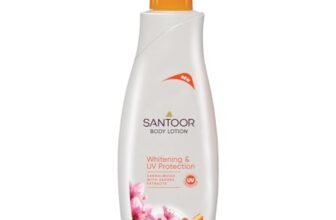 Santoor Perfumed Body Lotion with Sandalwood & Sakura Extracts for Skin Whitening & UV Protection| Deep Moisturization & Sunburn Reduction| Non-Greasy Lotion For Normal Skin| 400ml