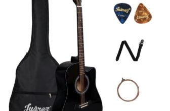 JUAREZ JRZ41CLN-BK-KIT 41″ Cutaway Acoustic Guitar Kit Black | Linden Body | Catalpa Neck | ABS Fingerboard & Bridge | Gloss Finish | Bag, Strap, Strings & Picks | Beginner