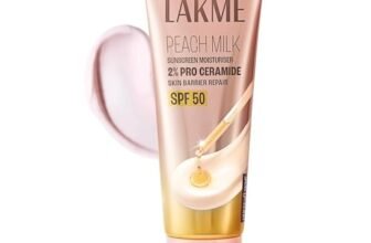 Lakme Peach Milk Sunscreen Moisturiser SPF 50 PA+++ with 2% Pro-Ceramides & Peptides | 2-in-1 Daily Face Cream | Lightweight, Non-Greasy & Sweat-Resistant for Hydrated Glowing Skin | 200g