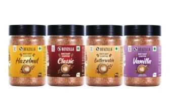 Bevzilla 50 Grams X 4 Flavoured Instant Coffee Powder Pack Box of Colombian Gold, Hazelnut, Vanilla & Butterscotch | Arabica Beans|Perfect for espresso, latte & cappuccino| Enjoy Hot & Cold Bews
