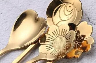 DRIFLY Stainless Steel Gold Coffee Spoon Set, Dessert Spoons with Flower and Heart Shapes, 24 Centimeter, Set of 4