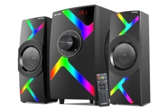 Ant Esports GS80,80W 2.1 Channel Bluetooth Multimedia RGB Speaker with Subwoofer Satellite Speaker, Digital LED Display, Remote, Digital FM, USB & SD Card, Strong Bass, Perfect for Music – Gun Black