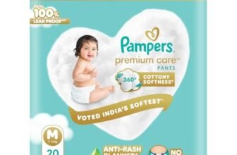 Pampers Premium Care Pant Style Baby Diapers M 20 Count | No Marks Design | Voted India’s #1 Softest Diaper | All in 1 diaper with 360 Cottony Softness
