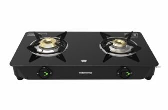 Butterfly Bleu Ray 2 Burner Glass Top Gas Stove | Removable Drip Tray | Brass Burner Gas Stove with Tri‑Flow Jumbo Burner