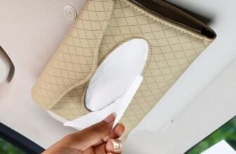 Amazon Basics Car Tissue Box Holder -Beige (Pack of 1) | Leather | Sun Visor Napkin Holder | Reusable Tissue Box for Car |Versatile Design | Easy to Use