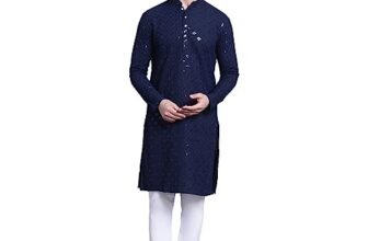 SOJANYA (Since 1958 Men’s Pure Cotton Navy Blue Emb 4Booti Sequence Kurta & White Pyjama Set