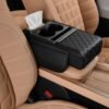 Leather Car Armrest Cushion with Dual Cup Holders & Storage Box, Universal Center Console Hand Rest Cover, Quilted Car Armrest Organizer with Tissue Holder for Cars, SUVs & Trucks, Easy Installation