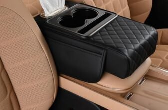 Leather Car Armrest Cushion with Dual Cup Holders & Storage Box, Universal Center Console Hand Rest Cover, Quilted Car Armrest Organizer with Tissue Holder for Cars, SUVs & Trucks, Easy Installation